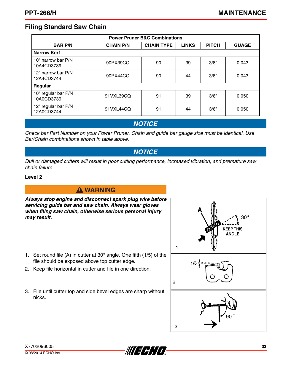 Filing standard saw chain, Ppt-266/h maintenance | Echo PPT-266H User Manual | Page 33 / 40