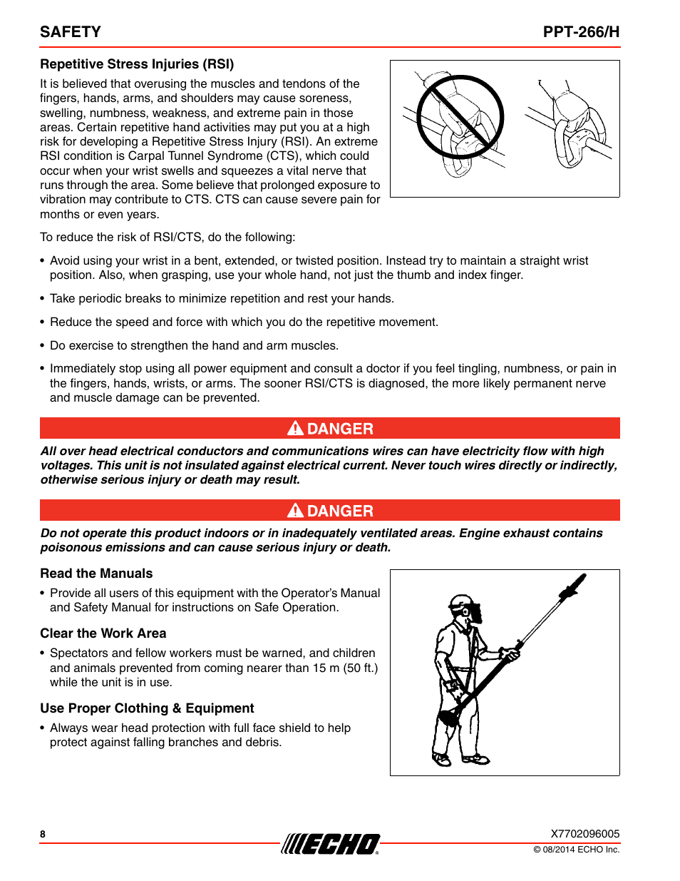 Repetitive stress injuries (rsi), Read the manuals, Clear the work area | Use proper clothing & equipment, Safety ppt-266/h | Echo PPT-266H User Manual | Page 8 / 40