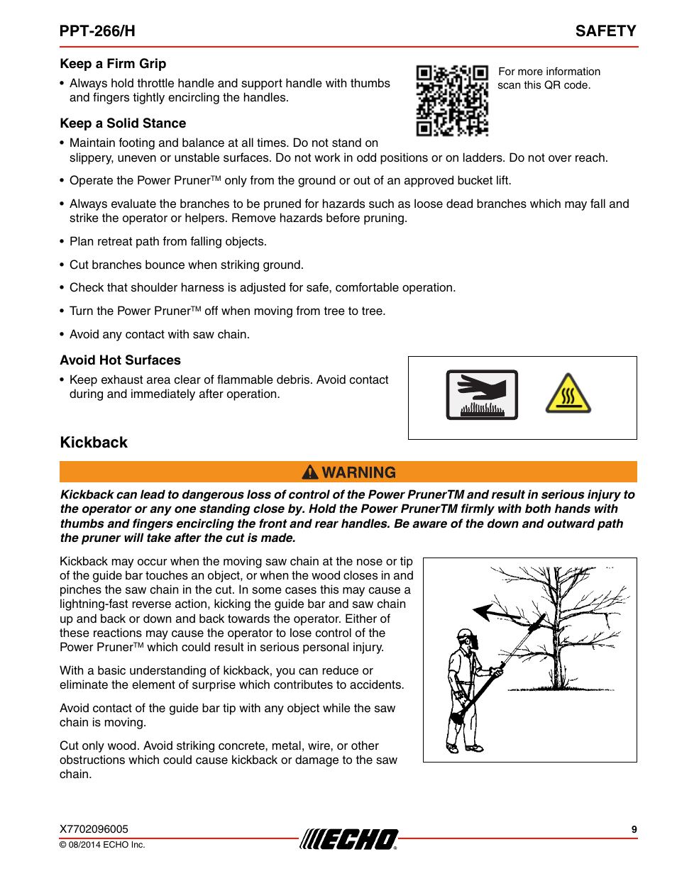Keep a firm grip, Keep a solid stance, Avoid hot surfaces | Kickback, Ppt-266/h safety | Echo PPT-266H User Manual | Page 9 / 40