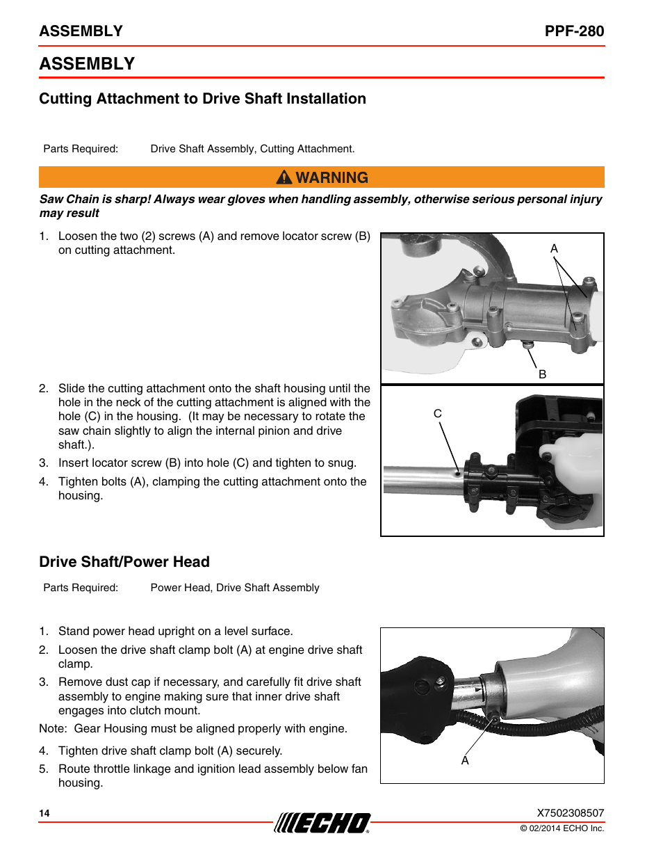 Assembly, Cutting attachment to drive shaft installation, Drive shaft/power head | Assembly ppf-280 | Echo PPF-280 User Manual | Page 14 / 40
