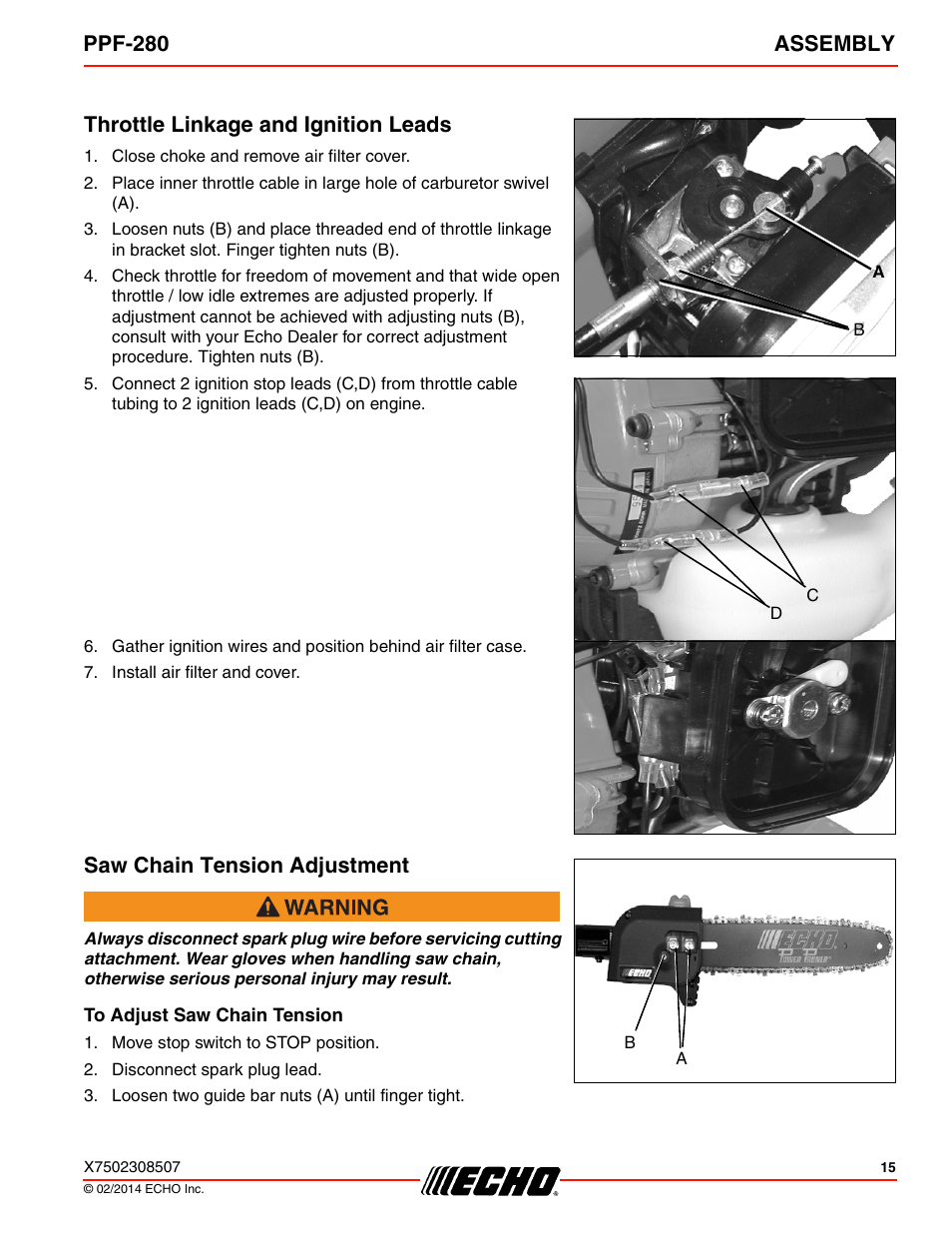 Throttle linkage and ignition leads, Saw chain tension adjustment, To adjust saw chain tension | Ppf-280 assembly | Echo PPF-280 User Manual | Page 15 / 40