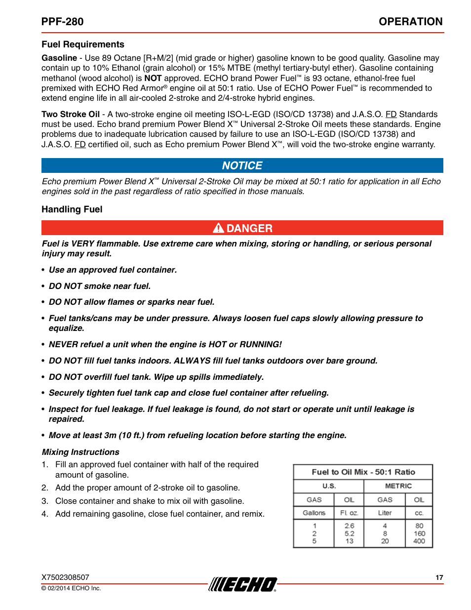 Fuel requirements, Handling fuel, Ppf-280 operation | Echo PPF-280 User Manual | Page 17 / 40