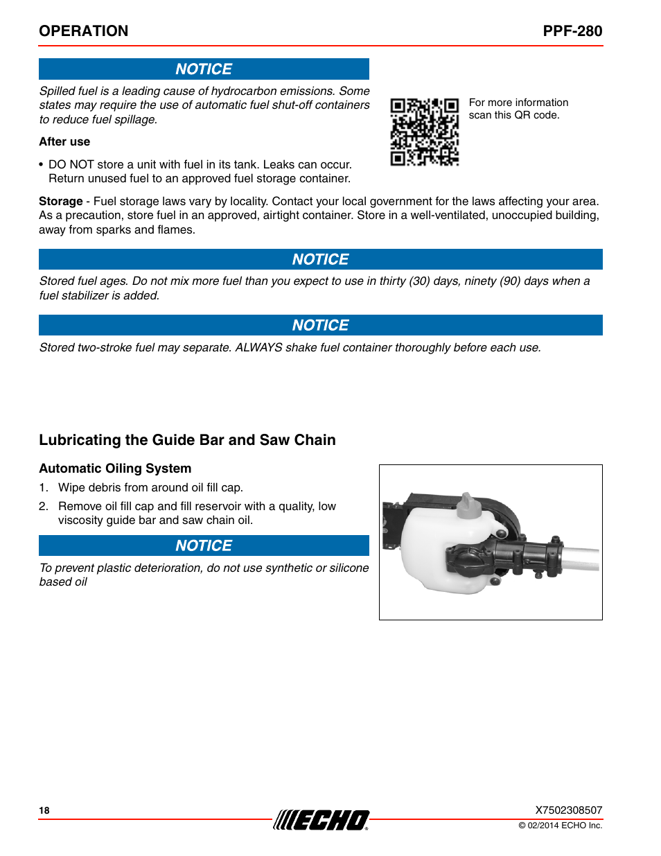 Lubricating the guide bar and saw chain, Automatic oiling system, Operation ppf-280 | Echo PPF-280 User Manual | Page 18 / 40