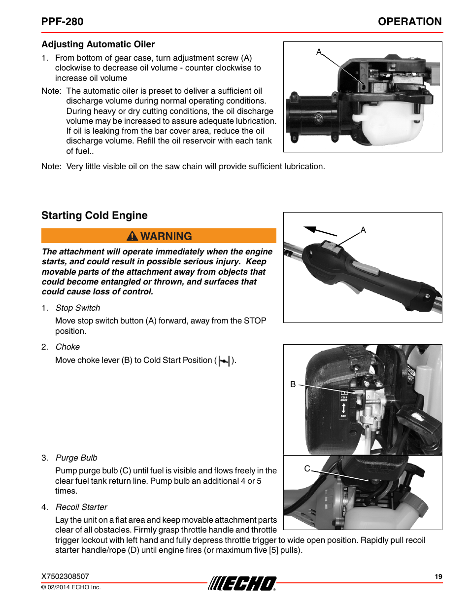 Adjusting automatic oiler, Starting cold engine, Ppf-280 operation | Echo PPF-280 User Manual | Page 19 / 40