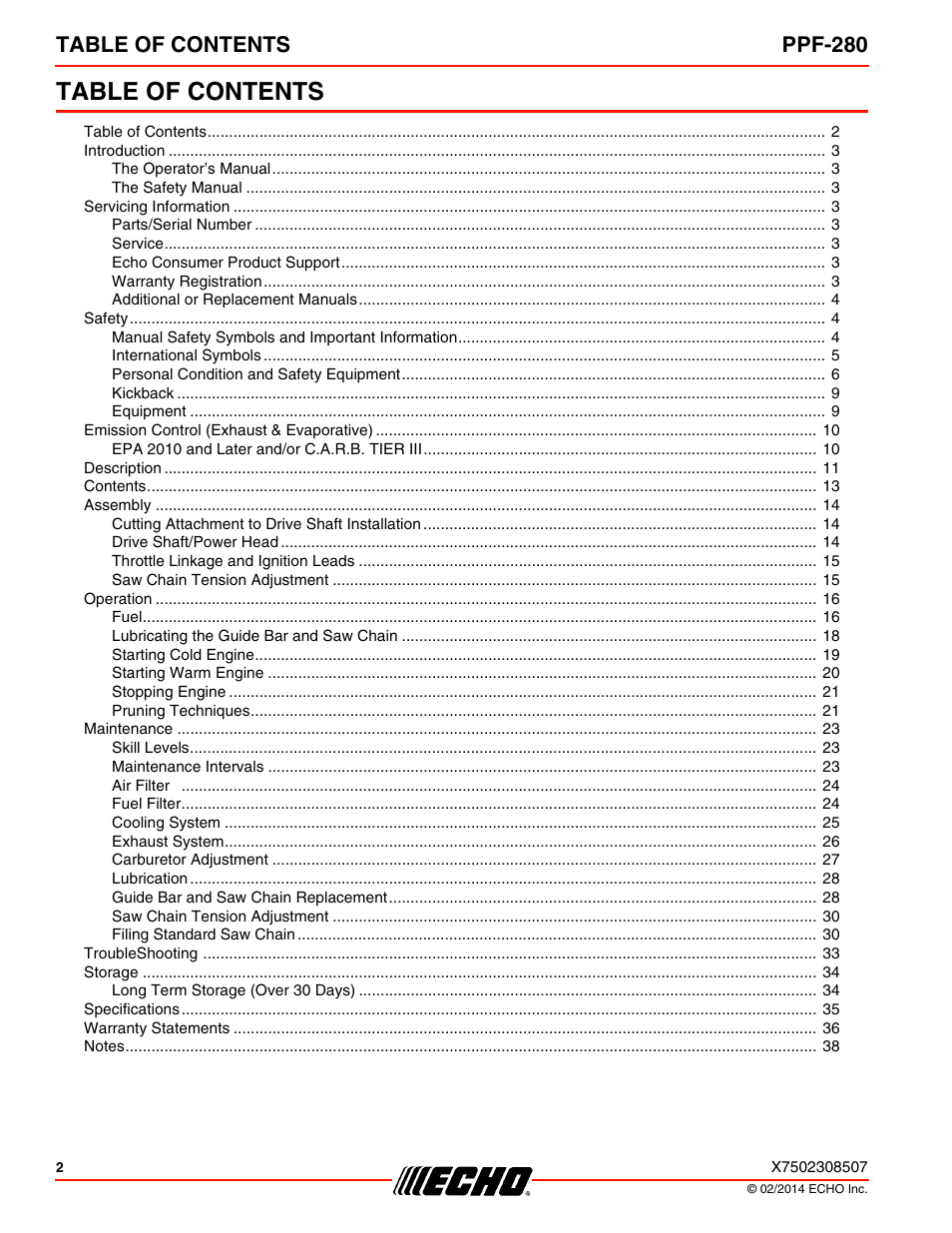 Echo PPF-280 User Manual | Page 2 / 40