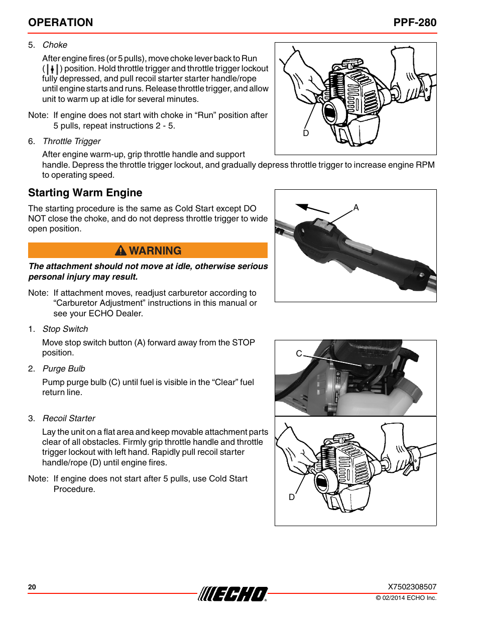 Starting warm engine, Operation ppf-280 | Echo PPF-280 User Manual | Page 20 / 40