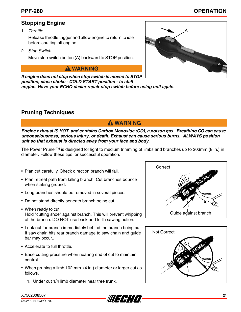 Stopping engine, Pruning techniques, Stopping engine pruning techniques | Ppf-280 operation | Echo PPF-280 User Manual | Page 21 / 40