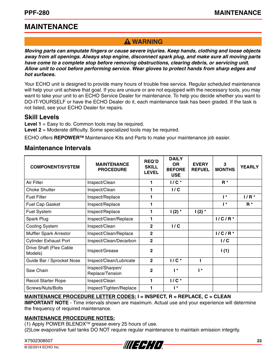 Maintenance, Skill levels, Maintenance intervals | Skill levels maintenance intervals, Ppf-280 maintenance | Echo PPF-280 User Manual | Page 23 / 40