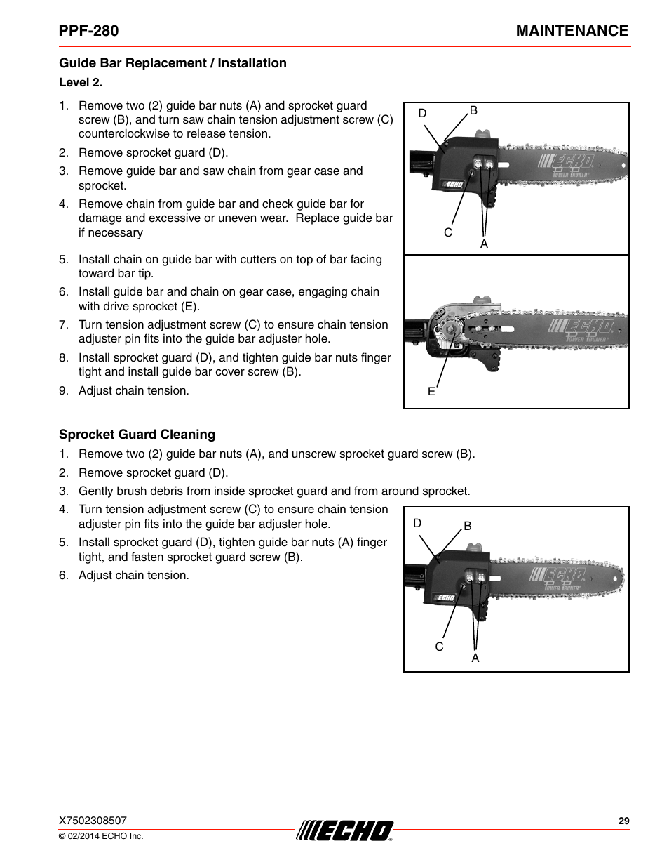 Guide bar replacement / installation, Sprocket guard cleaning, Ppf-280 maintenance | Echo PPF-280 User Manual | Page 29 / 40