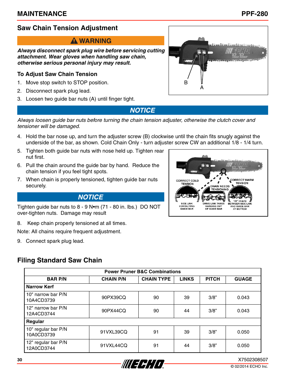 Saw chain tension adjustment, To adjust saw chain tension, Filing standard saw chain | Maintenance ppf-280 saw chain tension adjustment | Echo PPF-280 User Manual | Page 30 / 40