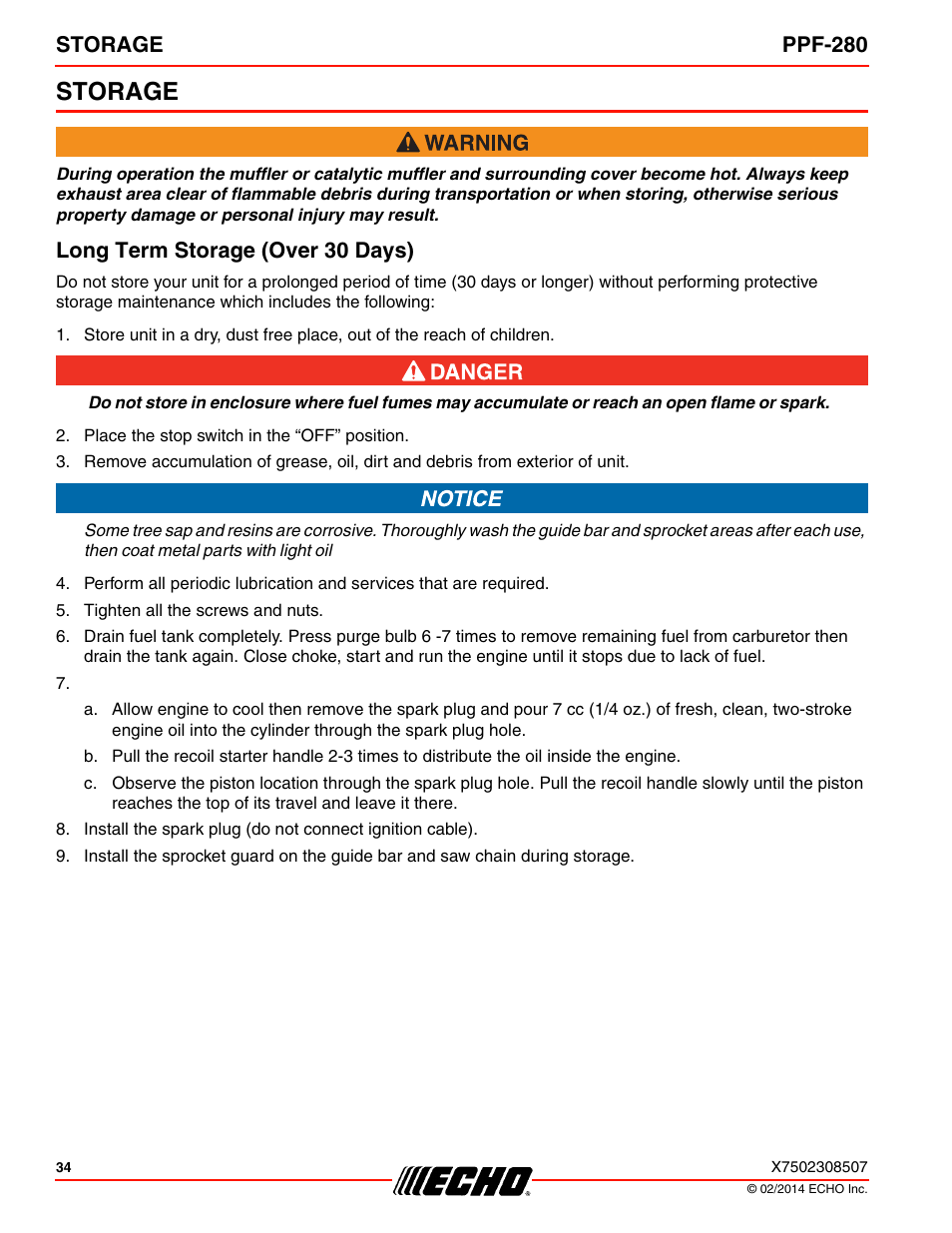 Storage, Long term storage (over 30 days), Storage ppf-280 | Echo PPF-280 User Manual | Page 34 / 40
