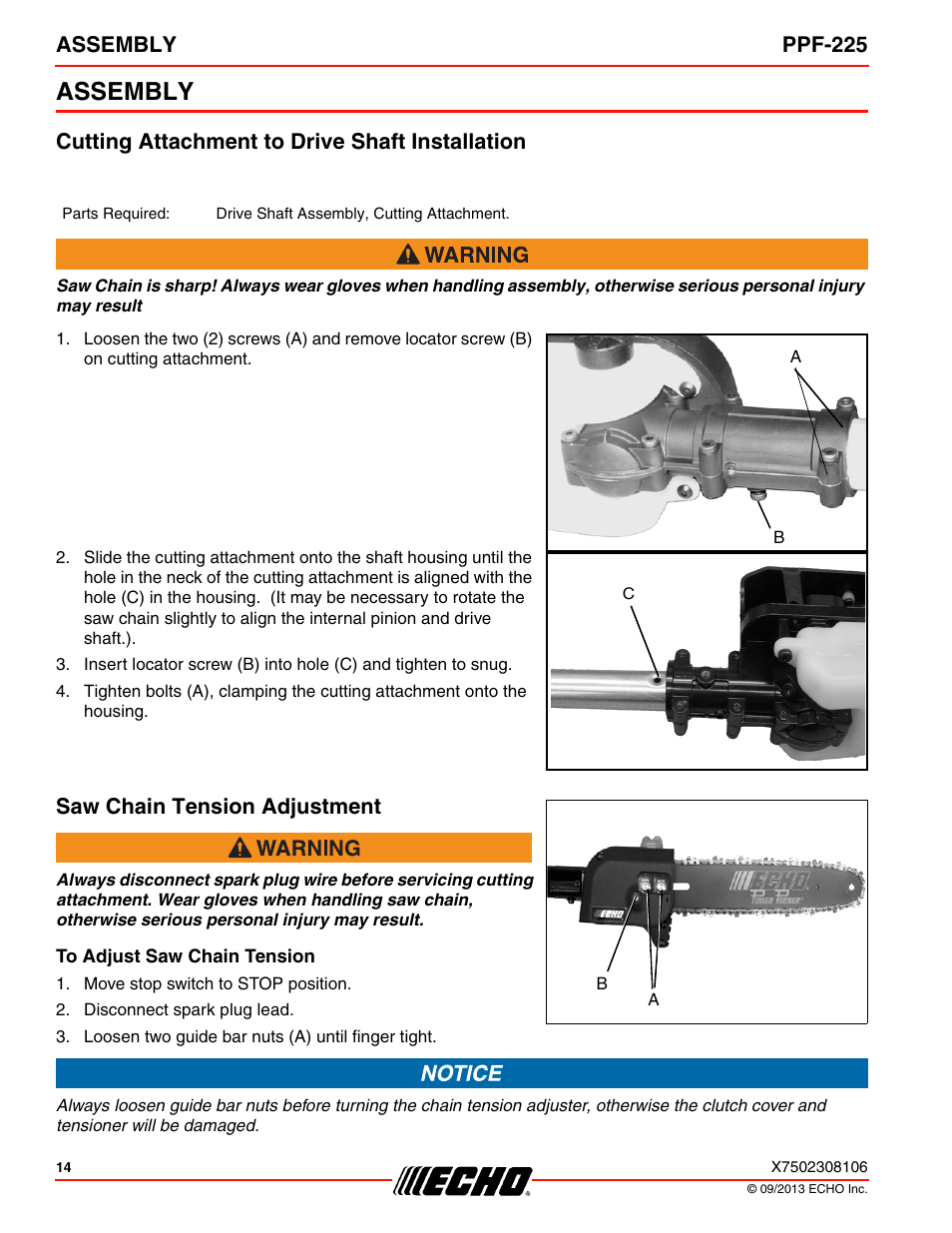 Assembly, Cutting attachment to drive shaft installation, Saw chain tension adjustment | To adjust saw chain tension, Assembly ppf-225 | Echo PPF-225 User Manual | Page 14 / 40