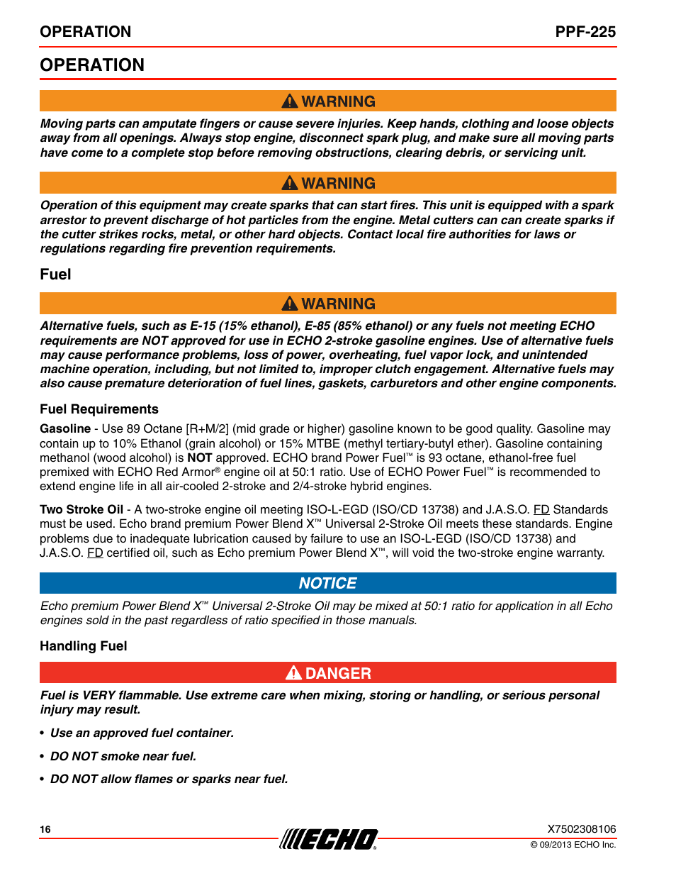 Operation, Fuel, Fuel requirements | Handling fuel, Operation ppf-225 | Echo PPF-225 User Manual | Page 16 / 40