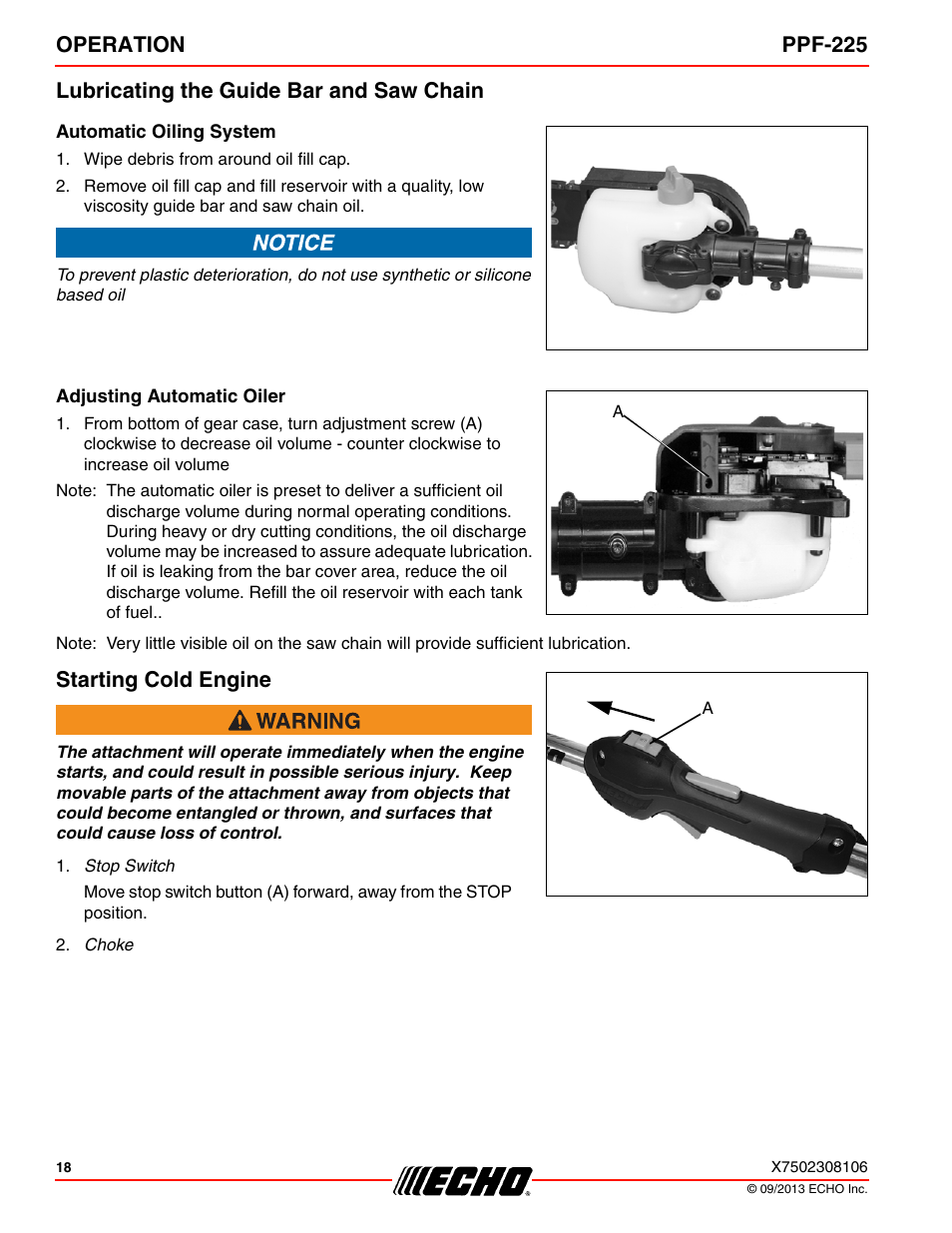 Lubricating the guide bar and saw chain, Automatic oiling system, Adjusting automatic oiler | Starting cold engine | Echo PPF-225 User Manual | Page 18 / 40