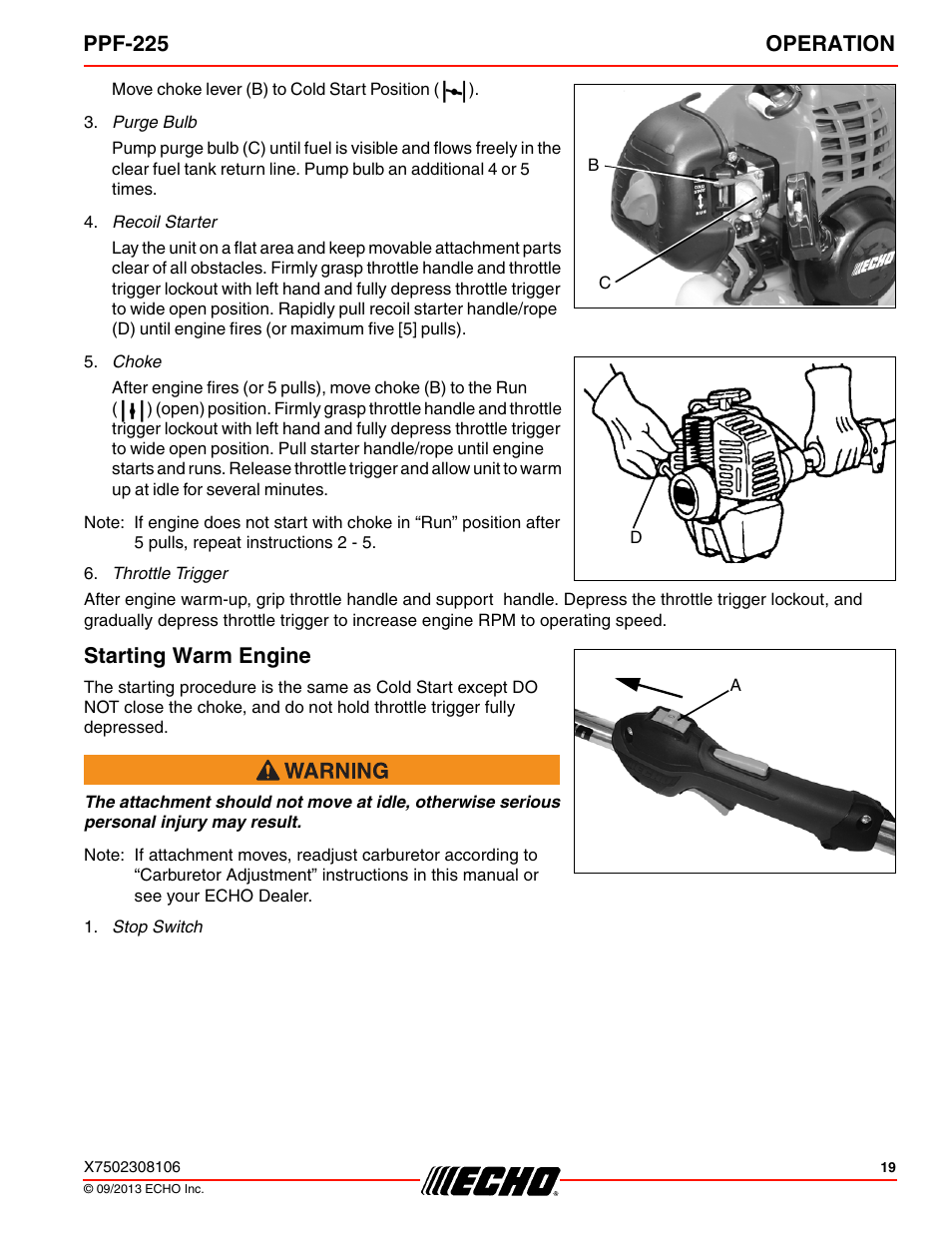 Starting warm engine, Ppf-225 operation | Echo PPF-225 User Manual | Page 19 / 40