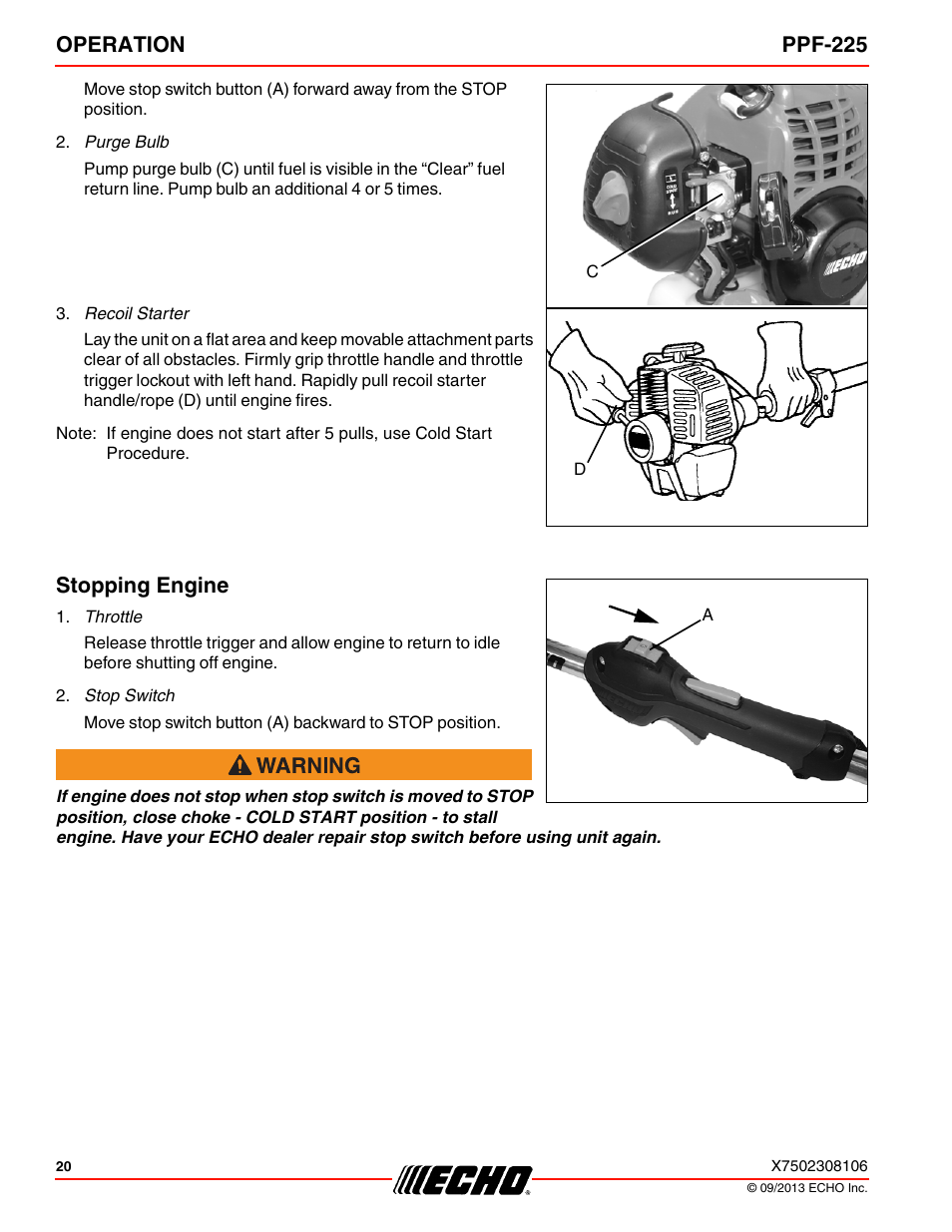 Stopping engine, Operation ppf-225 | Echo PPF-225 User Manual | Page 20 / 40