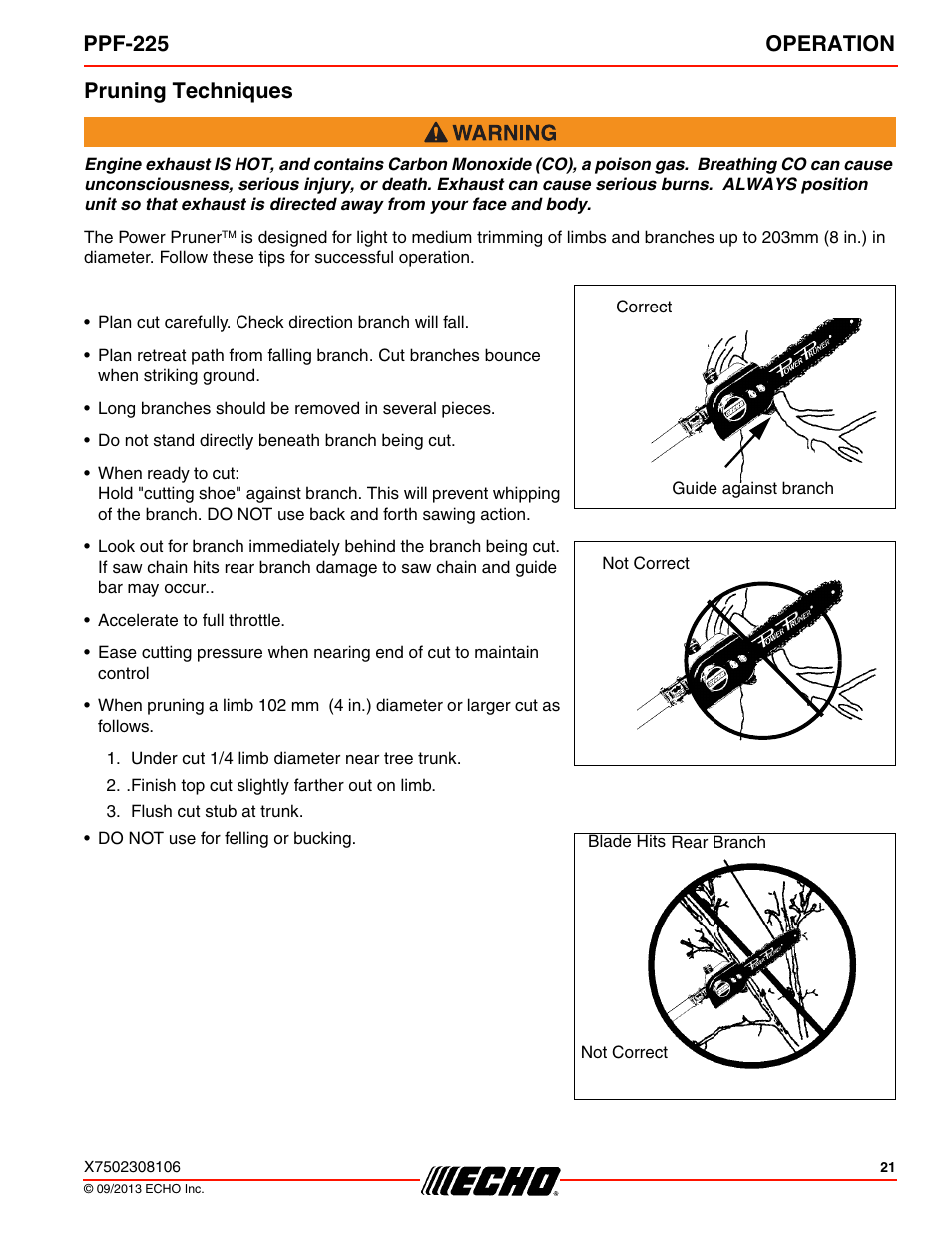 Pruning techniques, Ppf-225 operation | Echo PPF-225 User Manual | Page 21 / 40