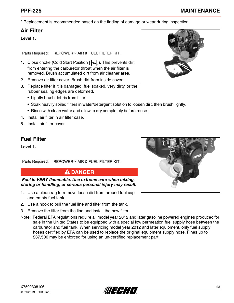 Air filter, Fuel filter, Air filter fuel filter | Ppf-225 maintenance | Echo PPF-225 User Manual | Page 23 / 40