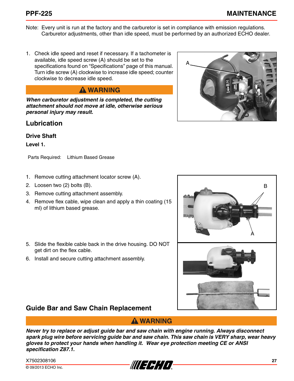 Lubrication, Drive shaft, Guide bar and saw chain replacement | Lubrication guide bar and saw chain replacement, Ppf-225 maintenance | Echo PPF-225 User Manual | Page 27 / 40