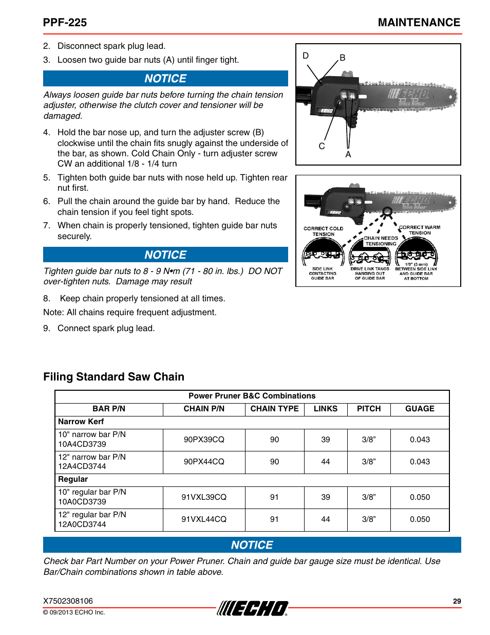 Filing standard saw chain, Ppf-225 maintenance | Echo PPF-225 User Manual | Page 29 / 40