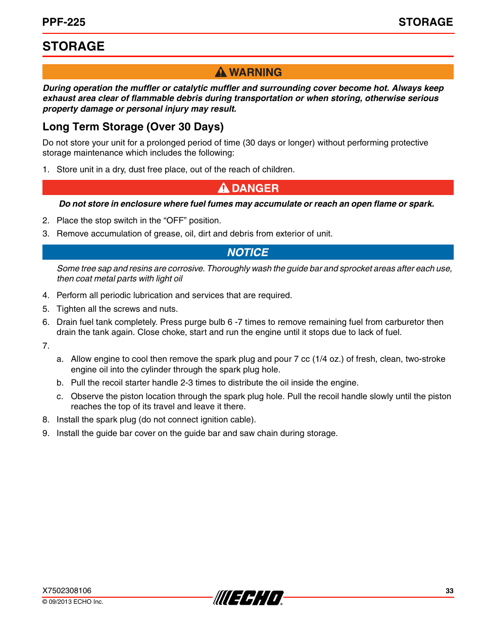 Storage, Long term storage (over 30 days), Ppf-225 storage | Echo PPF-225 User Manual | Page 33 / 40