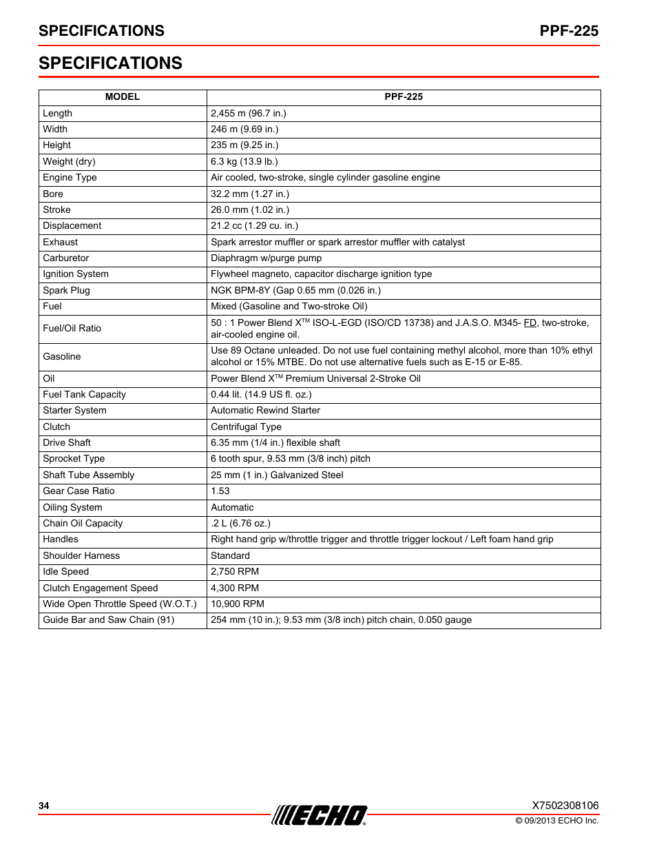 Specifications, Specifications ppf-225 | Echo PPF-225 User Manual | Page 34 / 40
