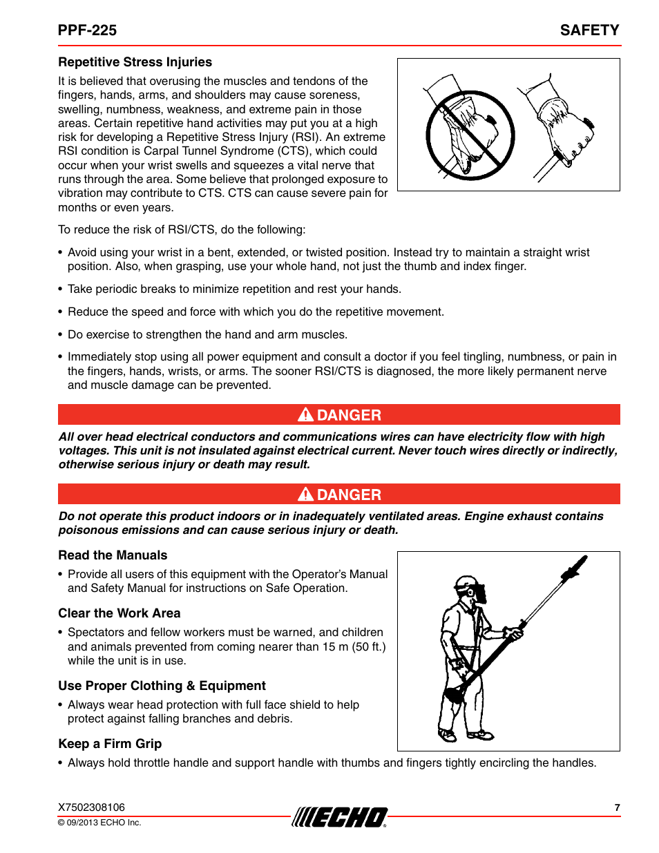 Repetitive stress injuries, Read the manuals, Clear the work area | Use proper clothing & equipment, Keep a firm grip, Ppf-225 safety | Echo PPF-225 User Manual | Page 7 / 40