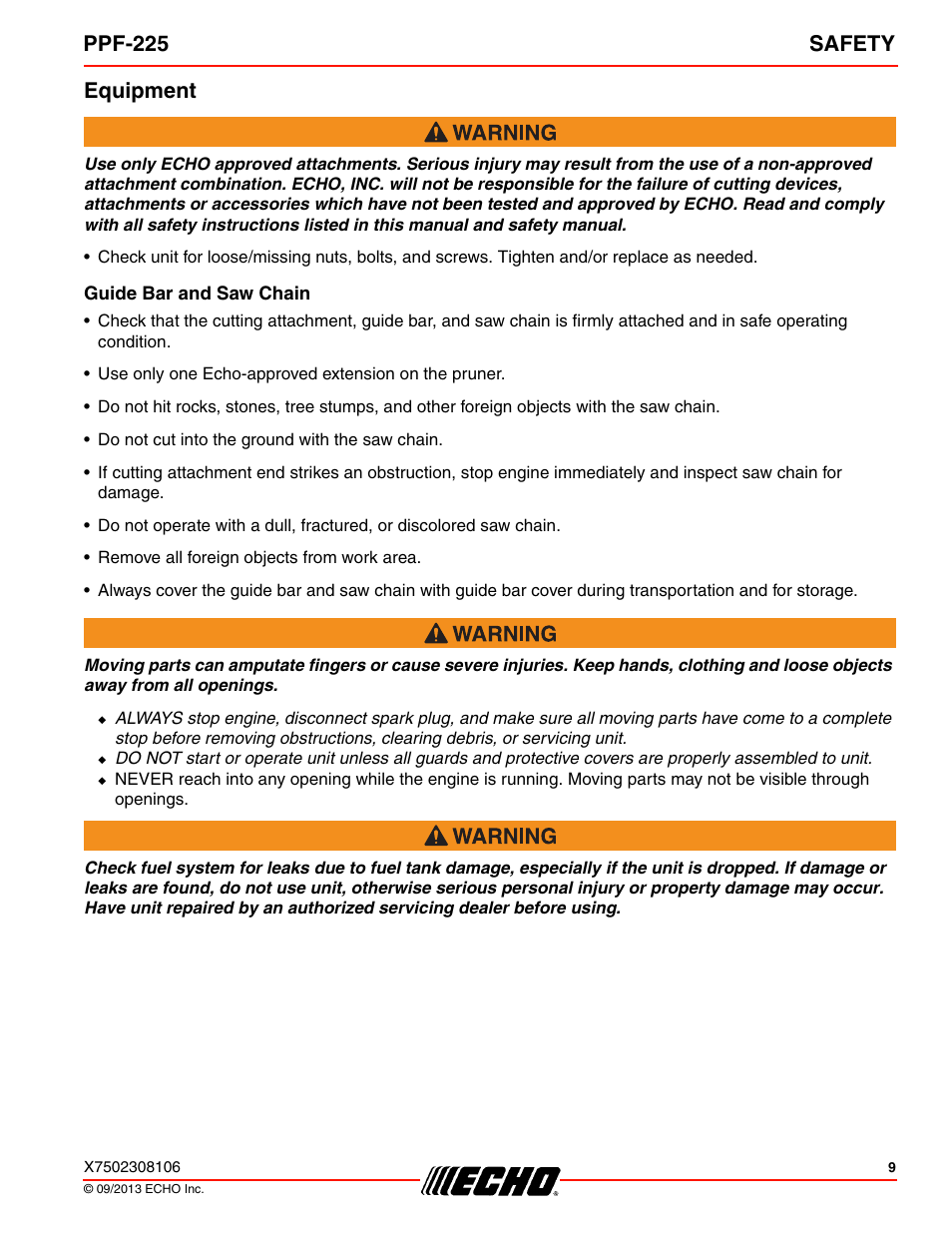 Equipment, Guide bar and saw chain, Ppf-225 safety | Echo PPF-225 User Manual | Page 9 / 40