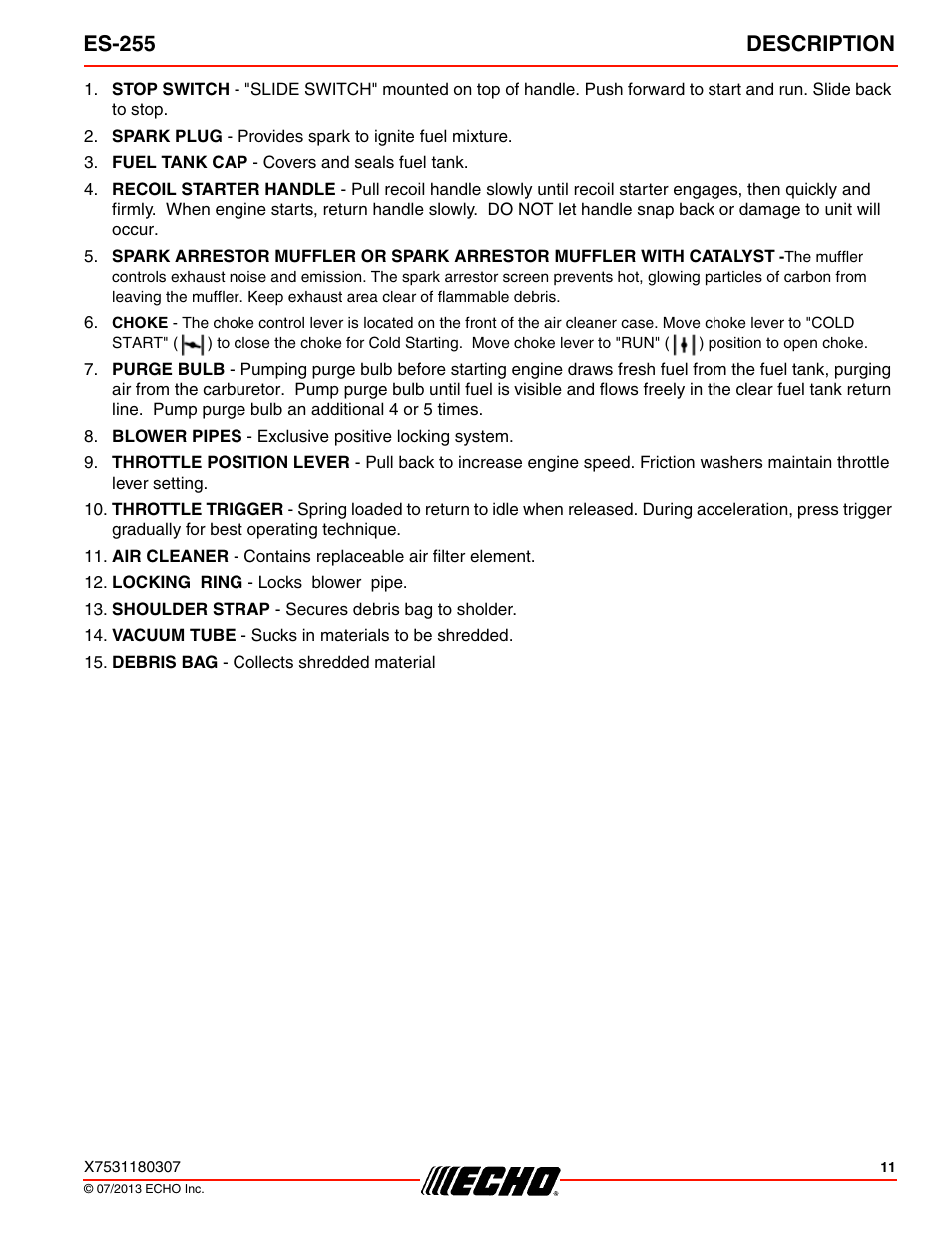 Es-255 description | Echo ES-255 User Manual | Page 11 / 36