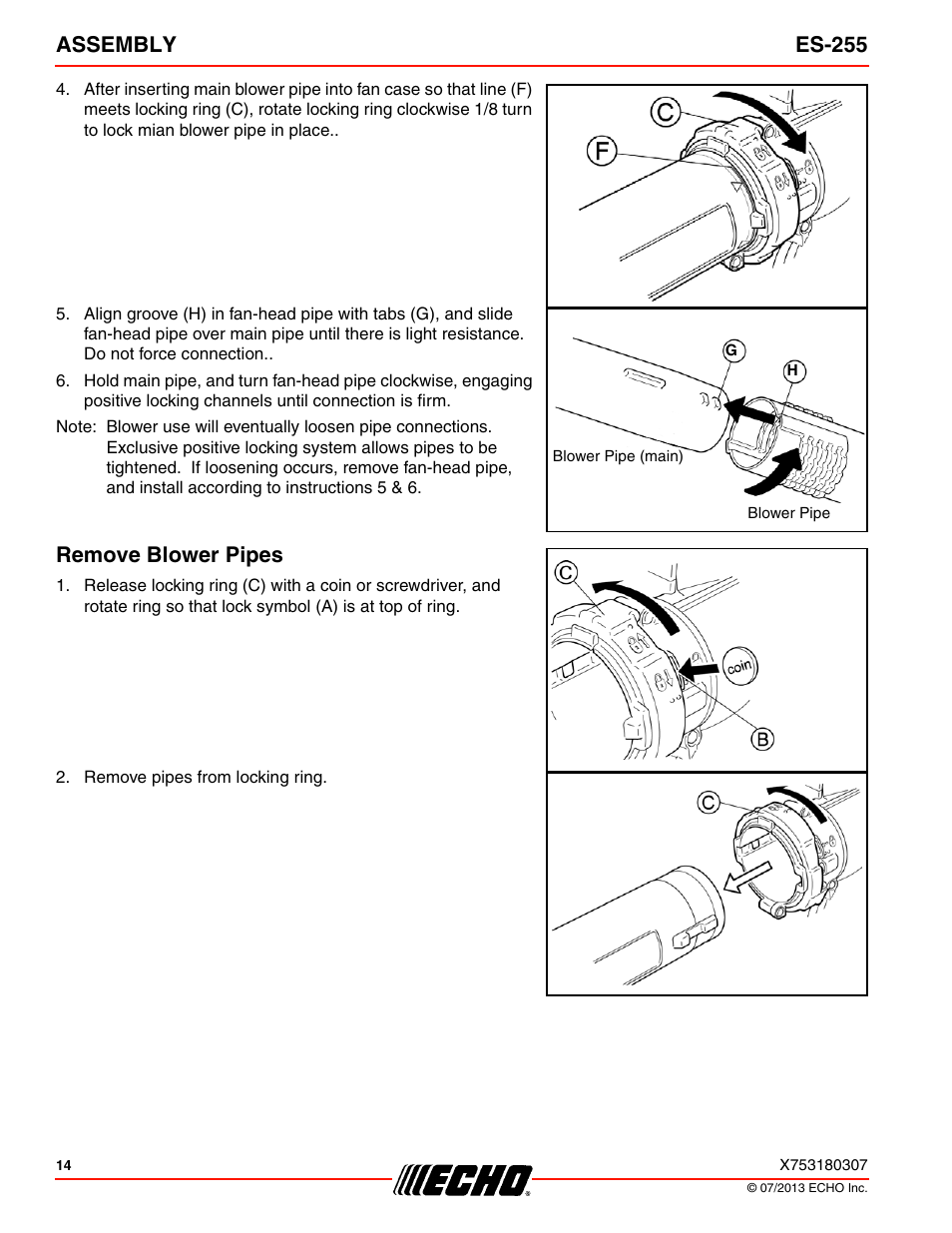 Remove blower pipes, Assembly es-255 | Echo ES-255 User Manual | Page 14 / 36