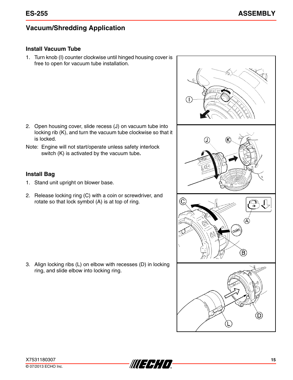 Vacuum/shredding application, Install vacuum tube, Install bag | Es-255 assembly | Echo ES-255 User Manual | Page 15 / 36