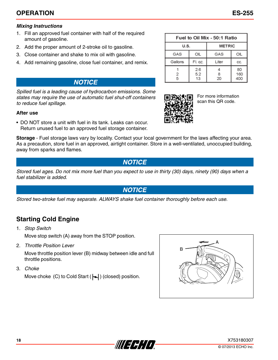 Starting cold engine, Operation es-255 | Echo ES-255 User Manual | Page 18 / 36