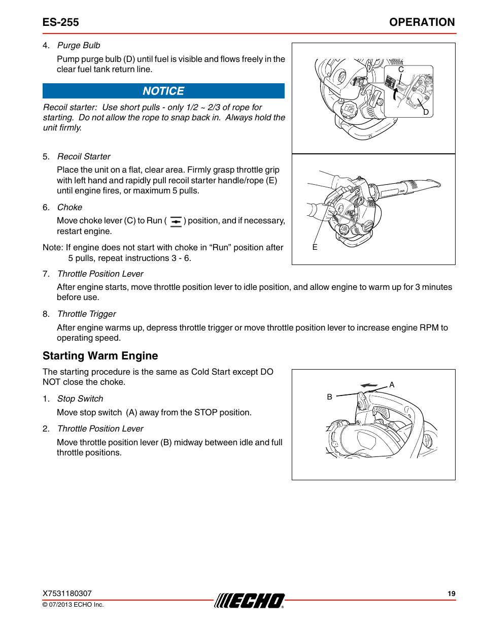Starting warm engine, Es-255 operation | Echo ES-255 User Manual | Page 19 / 36