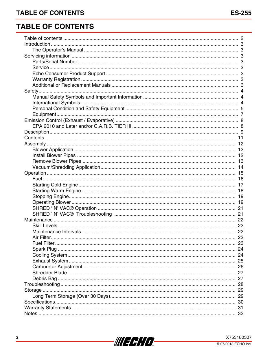 Echo ES-255 User Manual | Page 2 / 36