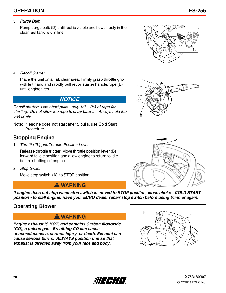 Stopping engine, Operating blower, Operation es-255 | Echo ES-255 User Manual | Page 20 / 36