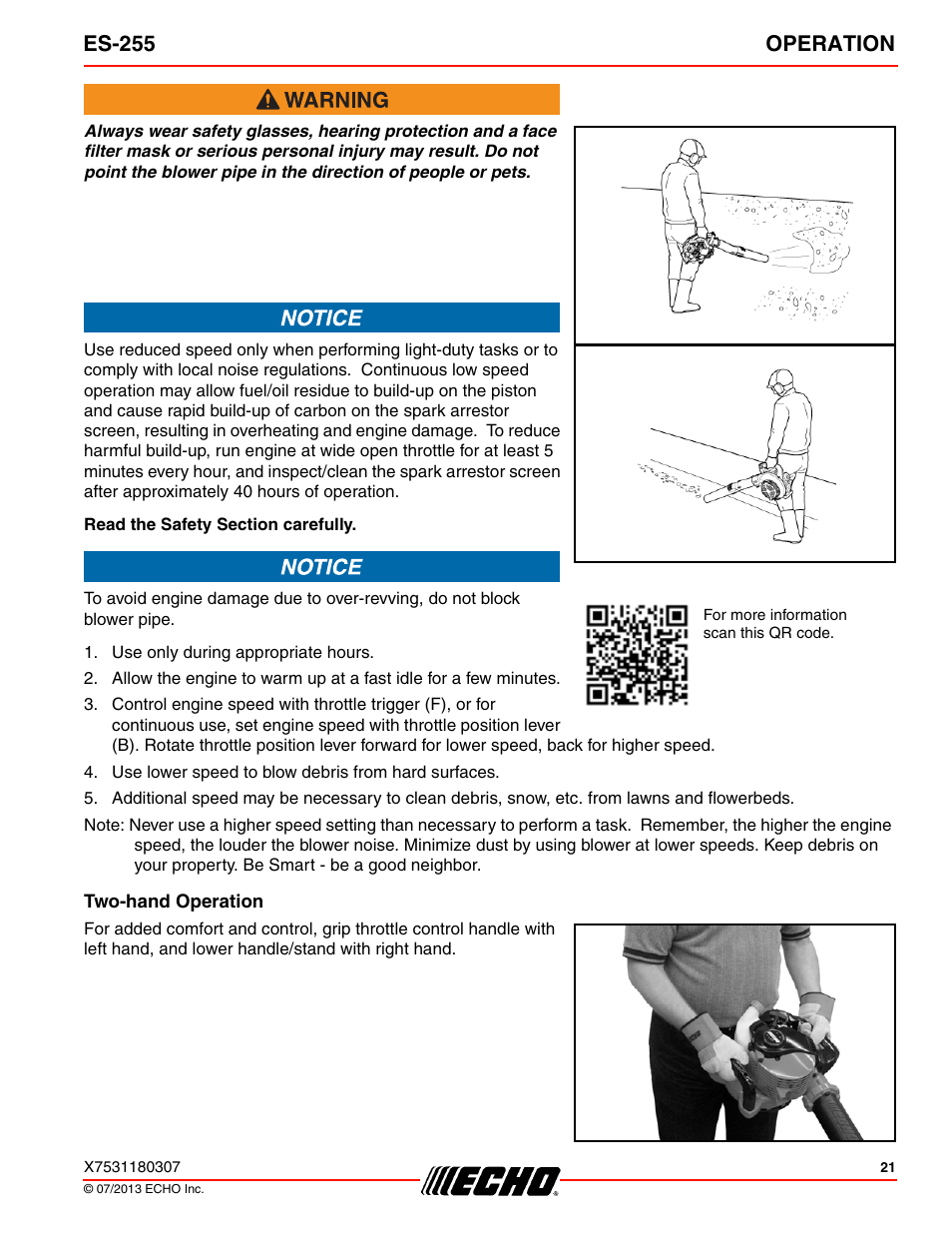 Two-hand operation, Es-255 operation | Echo ES-255 User Manual | Page 21 / 36