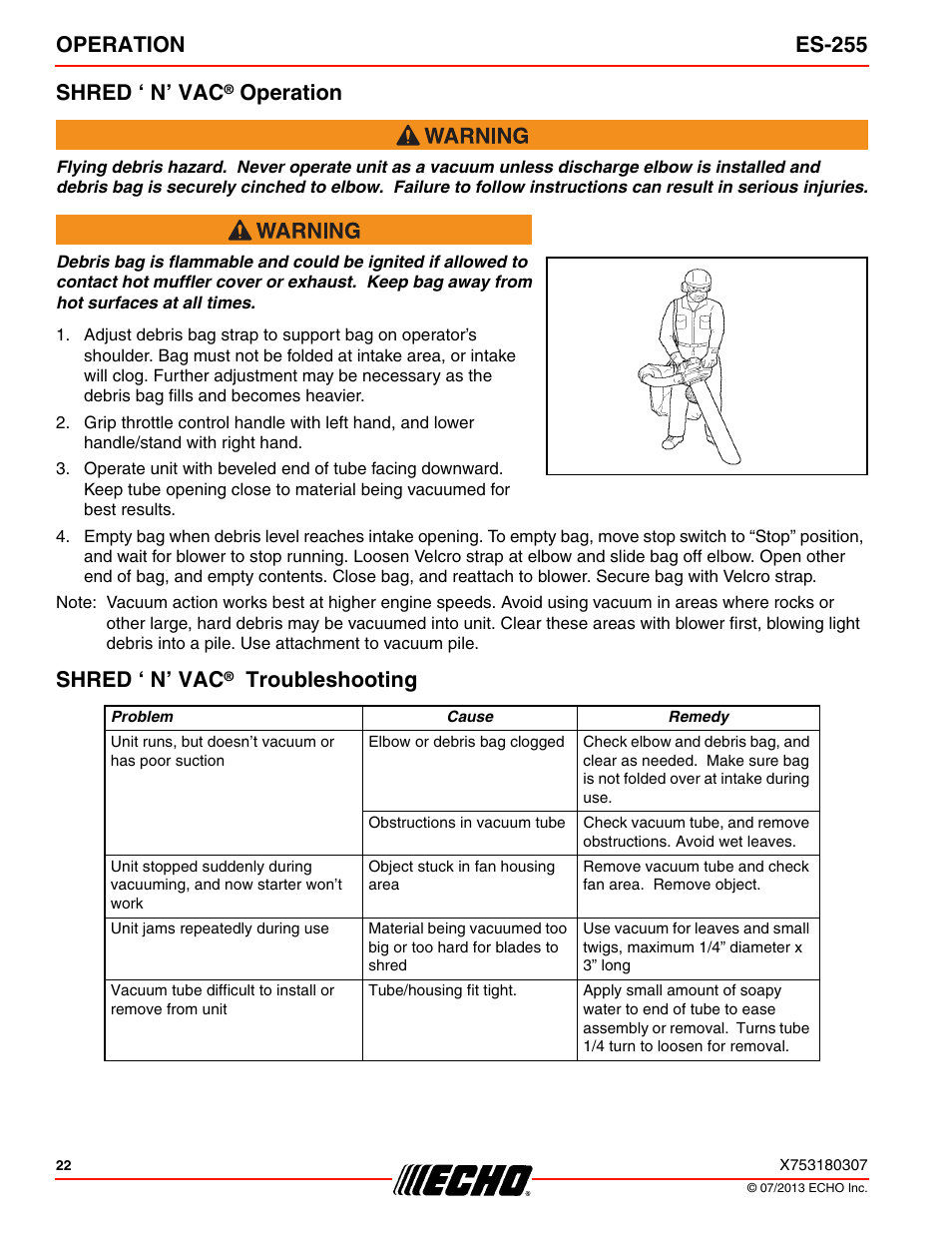 Shred ‘ n’ vac® operation, Shred ‘ n’ vac® troubleshooting, Operation es-255 shred ‘ n’ vac | Operation, Shred ‘ n’ vac, Troubleshooting | Echo ES-255 User Manual | Page 22 / 36