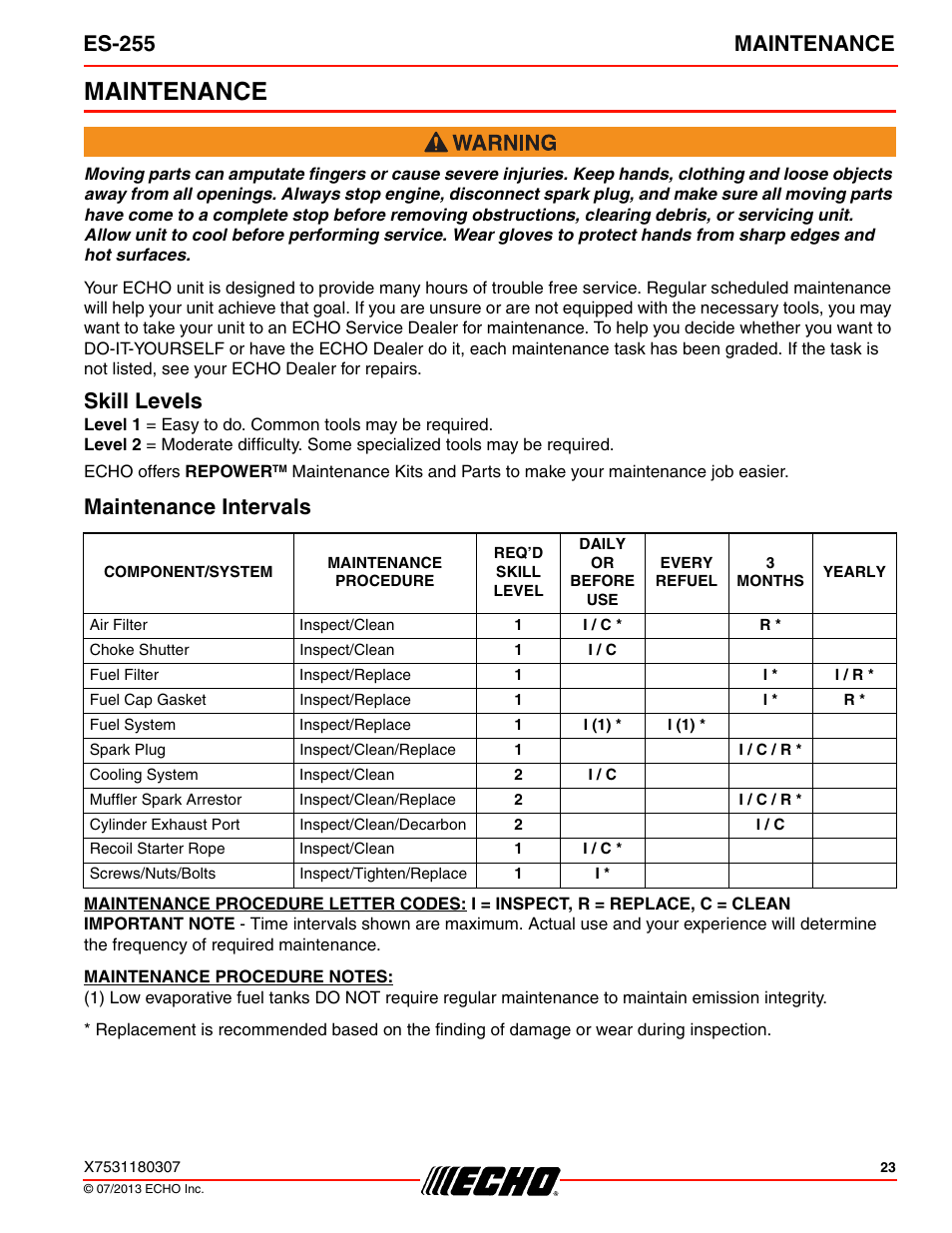 Maintenance, Skill levels, Maintenance intervals | Skill levels maintenance intervals, Es-255 maintenance | Echo ES-255 User Manual | Page 23 / 36