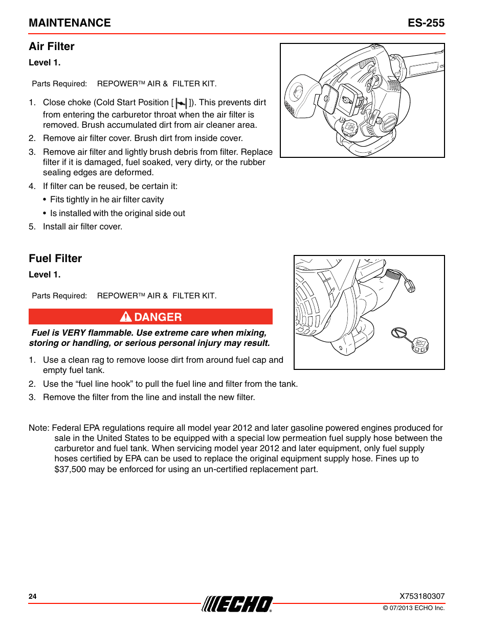 Air filter, Fuel filter, Air filter fuel filter | Maintenance es-255 air filter | Echo ES-255 User Manual | Page 24 / 36