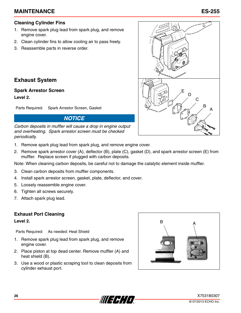 Cleaning cylinder fins, Exhaust system, Spark arrestor screen | Exhaust port cleaning, Maintenance es-255 | Echo ES-255 User Manual | Page 26 / 36