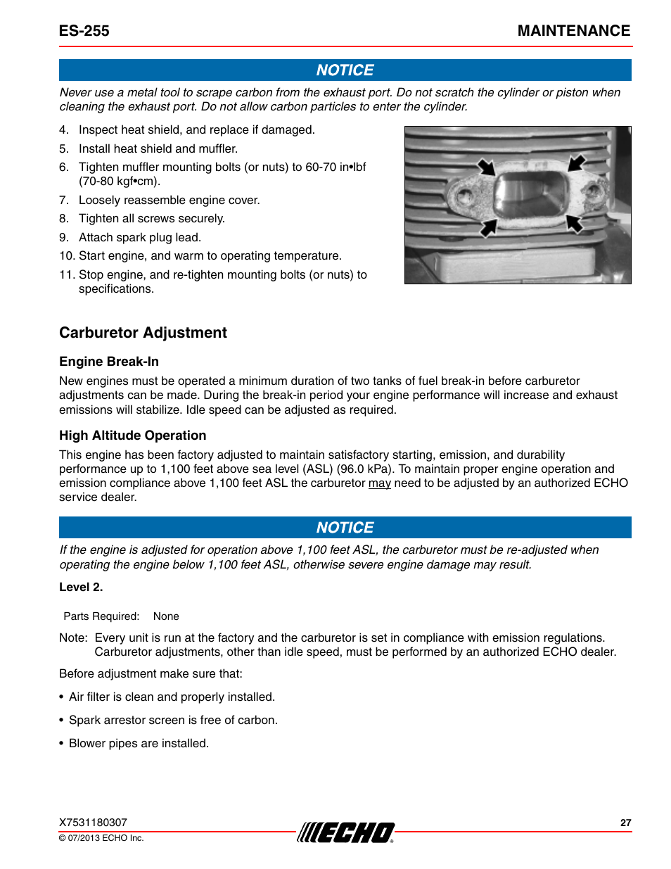 Carburetor adjustment, Engine break-in, High altitude operation | Es-255 maintenance | Echo ES-255 User Manual | Page 27 / 36