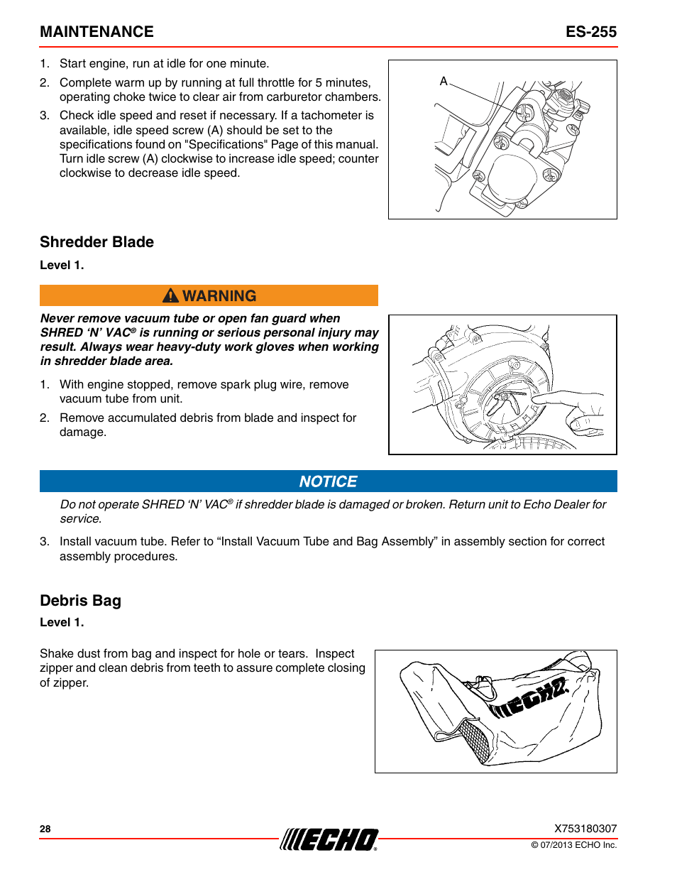 Shredder blade, Debris bag, Shredder blade debris bag | Maintenance es-255 | Echo ES-255 User Manual | Page 28 / 36