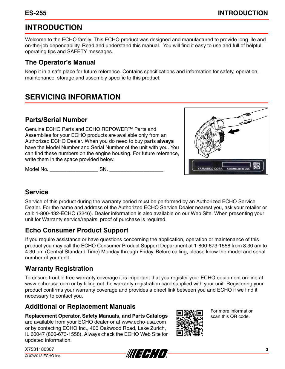 Introduction, The operator’s manual, Servicing information | Parts/serial number, Service, Echo consumer product support, Warranty registration, Additional or replacement manuals | Echo ES-255 User Manual | Page 3 / 36