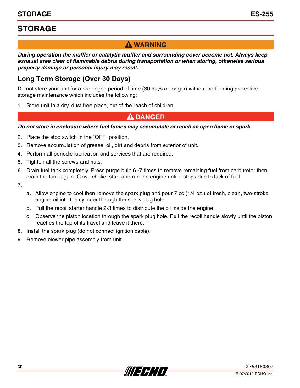 Storage, Long term storage (over 30 days), Storage es-255 | Echo ES-255 User Manual | Page 30 / 36