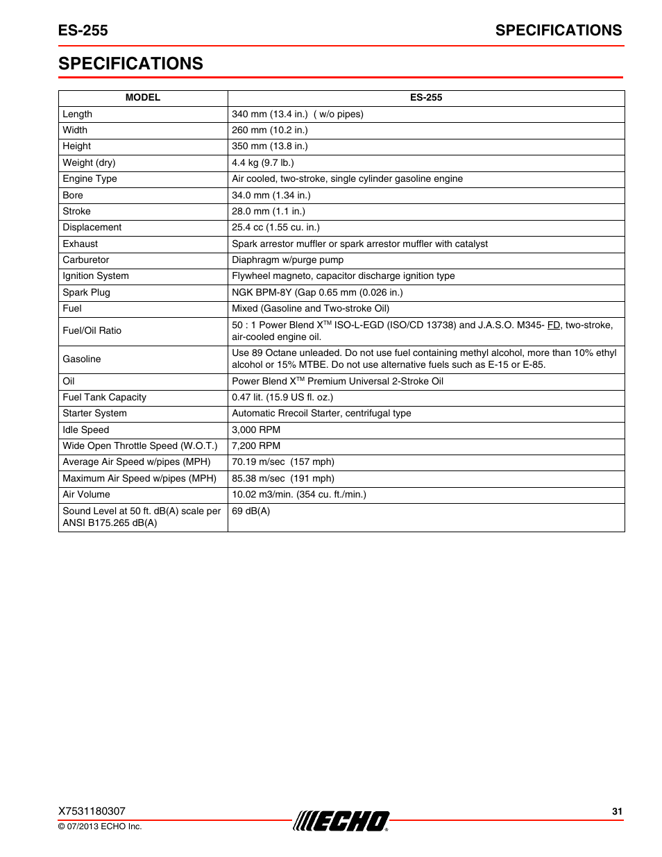 Specifications, Es-255 specifications | Echo ES-255 User Manual | Page 31 / 36