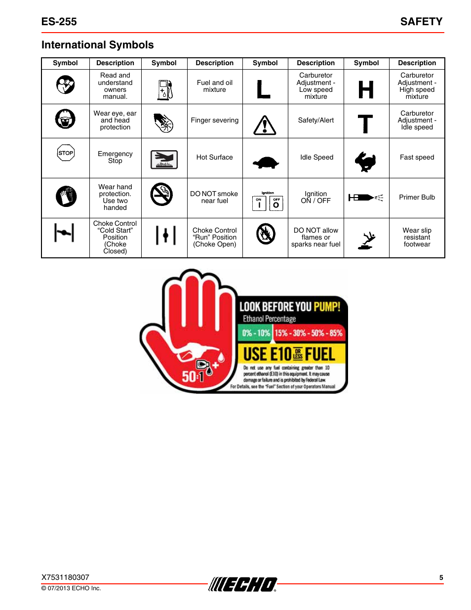 International symbols, Es-255 safety | Echo ES-255 User Manual | Page 5 / 36