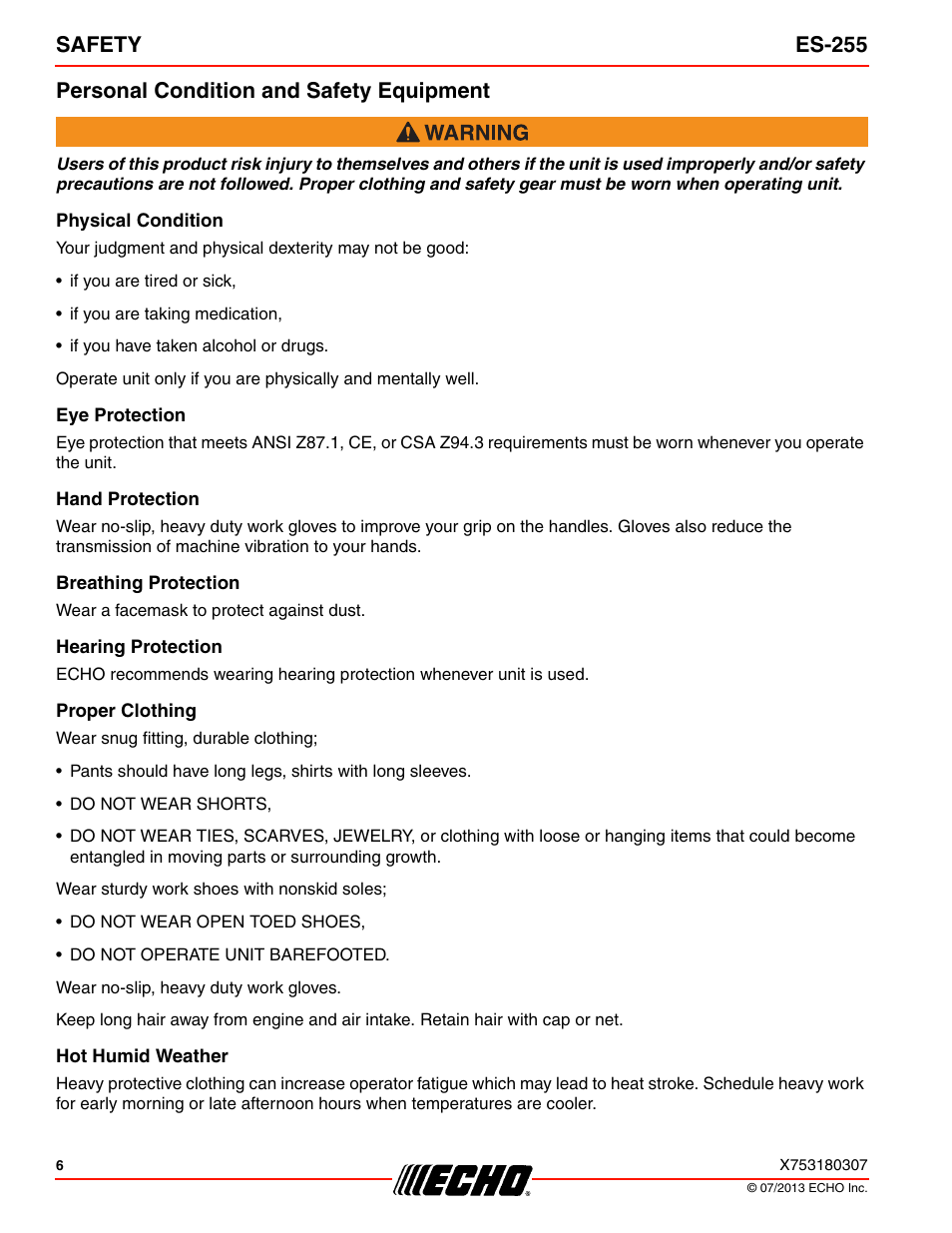 Personal condition and safety equipment, Physical condition, Eye protection | Hand protection, Breathing protection, Hearing protection, Proper clothing, Hot humid weather | Echo ES-255 User Manual | Page 6 / 36