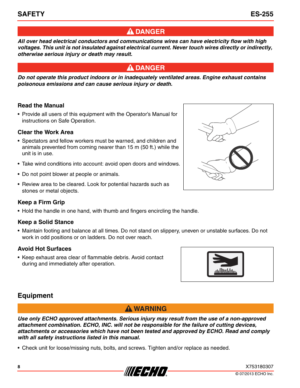 Read the manual, Clear the work area, Keep a firm grip | Keep a solid stance, Avoid hot surfaces, Equipment, Safety es-255 | Echo ES-255 User Manual | Page 8 / 36