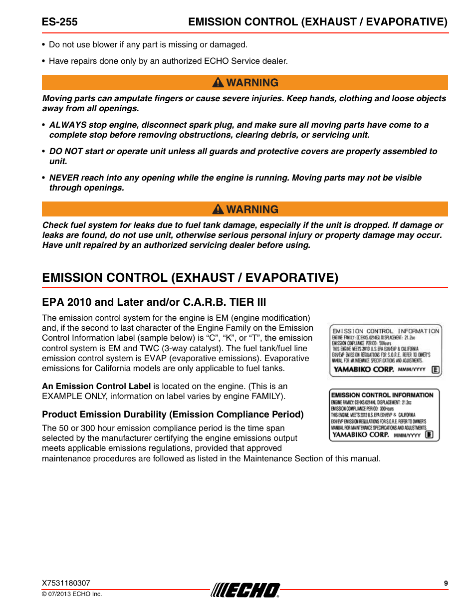 Emission control (exhaust / evaporative), Epa 2010 and later and/or c.a.r.b. tier iii, Es-255 emission control (exhaust / evaporative) | Echo ES-255 User Manual | Page 9 / 36