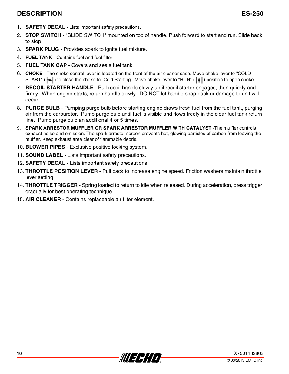 Description es-250 | Echo ES-250 User Manual | Page 10 / 36